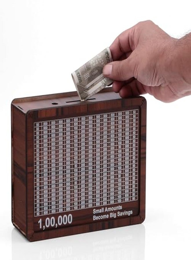 Pilloze Wooden Money Saving Box, Vintage Piggy Bank with Counting Chart, Dark Brown Money Counter, Small Amounts Become Big Savings, 1,00,000 Tracker - Image 1